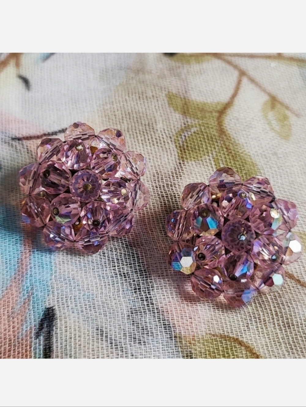 LAGUNA Light Pink Aurora Borealis Crystal Vintage Clip Silver Tone Earrings